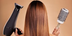 hair styling brush hairdryer woman studio